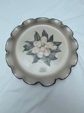 Vintage Casey Pottery Stoneware Pie Baking Dish with Magnolia Ruffled Edge